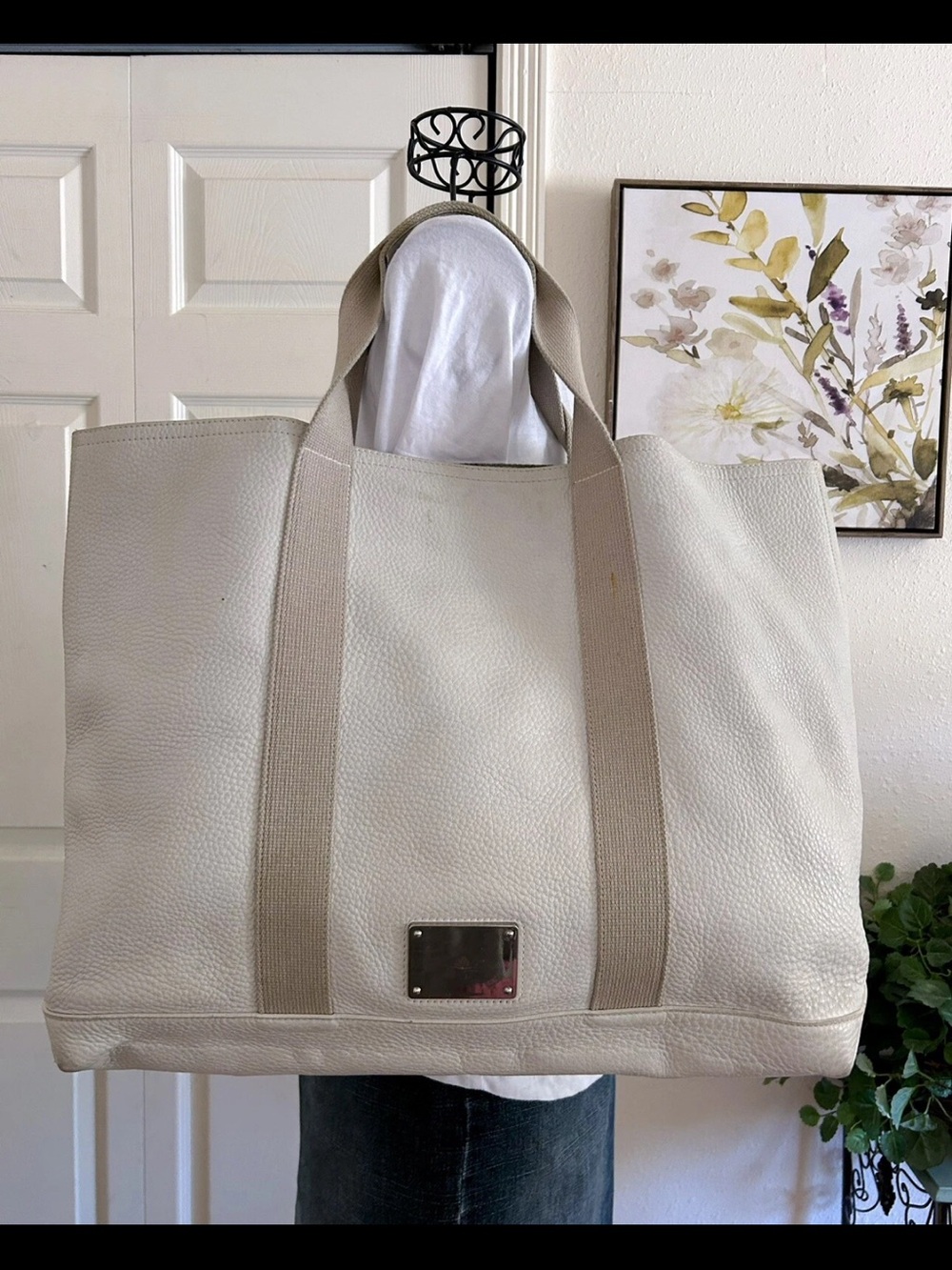 Mulberry Cream Pebble Leather Tote with Webbed Straps